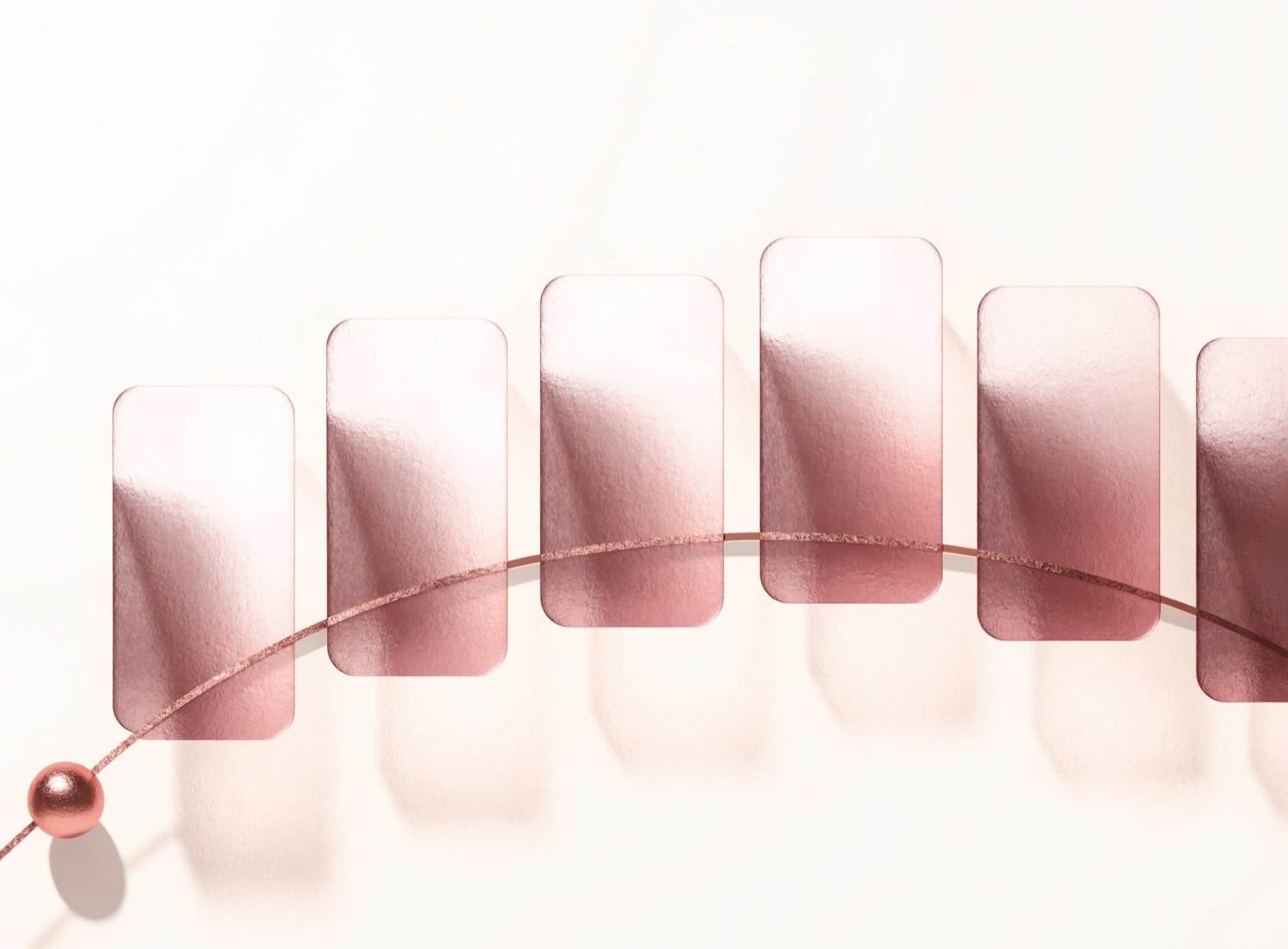 Translucent product-cards evenly spaced along a soft rose-gold timeline arc, suggesting scheduled publishing on a steady rhythm.