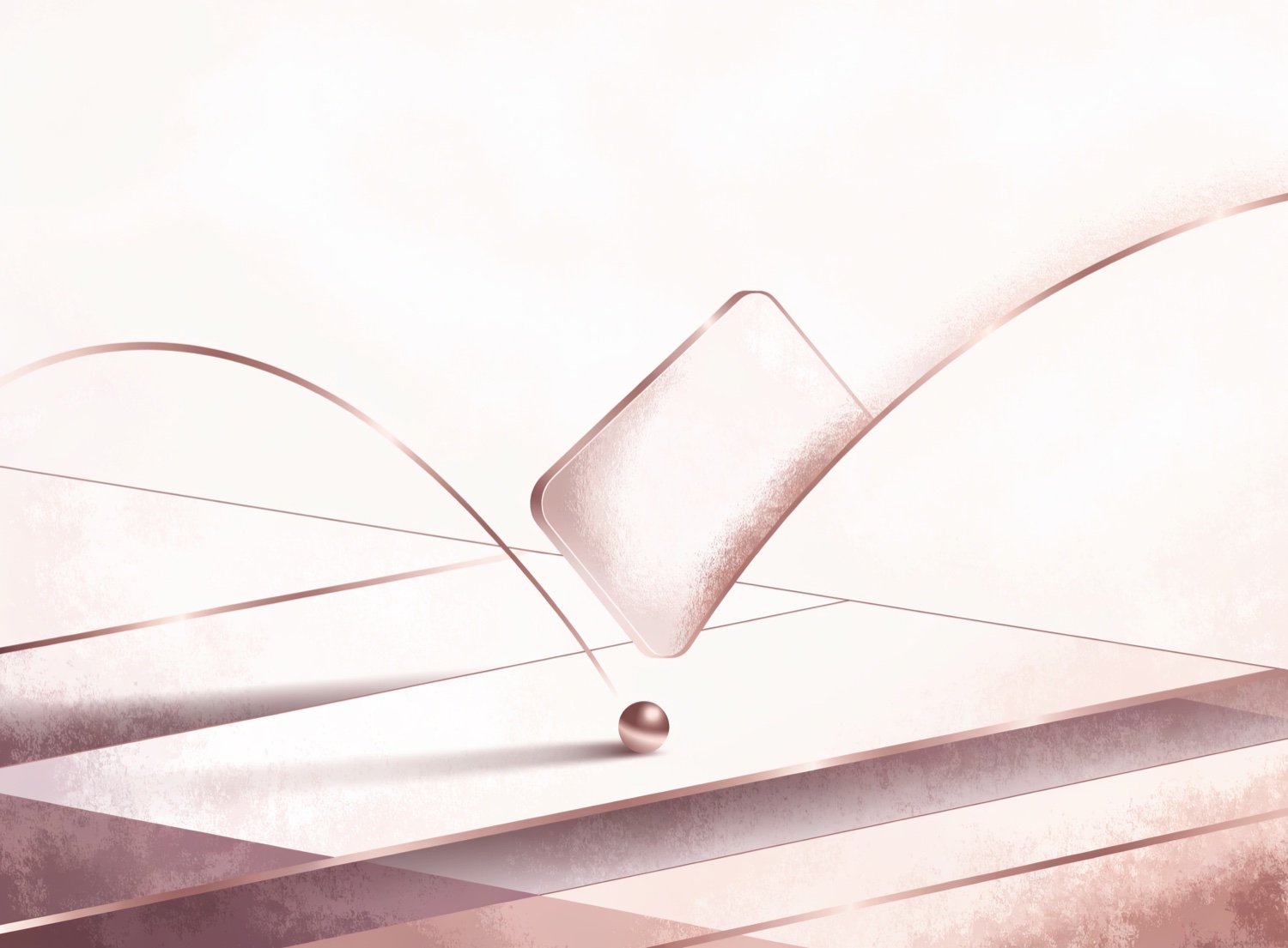 A single translucent product-card lifting away along a gentle rose-gold arc from the origin sphere — a published Pin being released.